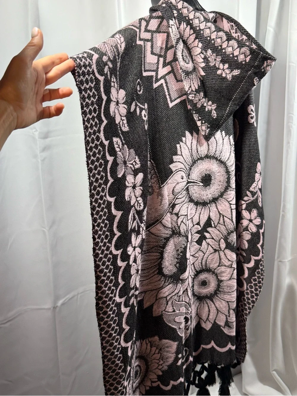 Hummingbird & Sunflower Hooded Poncho | One Size